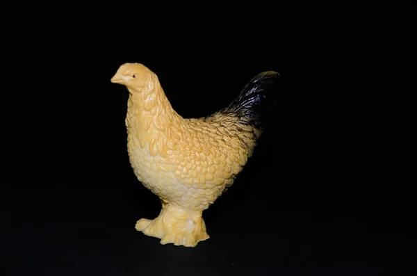 Frango Brinquedo Plástico Fundo Preto Brinquedo Realista Espaço Cópia — Fotografia de Stock