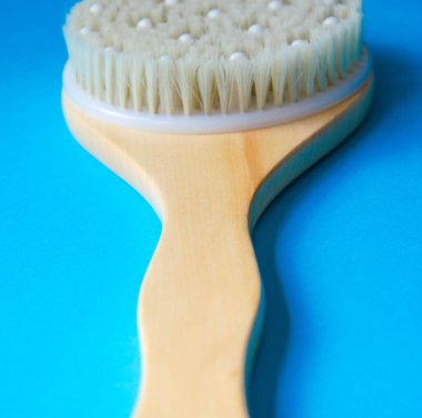 Kuru masaj. Doğal kaktüs kıllarından yapılmış fırça, hayvanlar. Farklı açılardan mavi arka planda masaj fırçası. Mesaj için yer. Makro fırça. Anti-selülit fırçasıyla ilgilen.