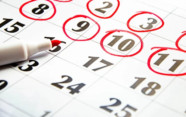 Los Números Calendario Están Marcados Rojo Macro Calendario Planes Notas — Foto de Stock