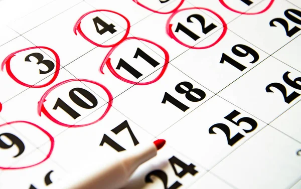 Los Números Calendario Están Marcados Rojo Macro Calendario Planes Notas — Foto de Stock