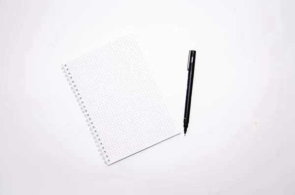 Cuadrado Cuaderno Con Bolígrafo Negro Sobre Fondo Blanco Graba Ideas —  Fotos de Stock