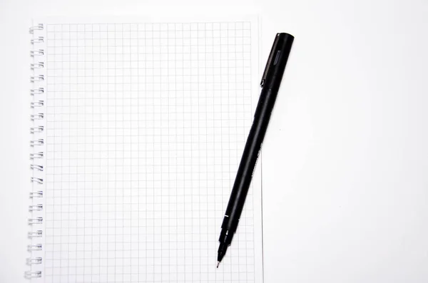 Squared notebook with black pen on a white background. Record ideas, notes, plans, tasks. Notebook top and side view. Flatlay. Copy Space