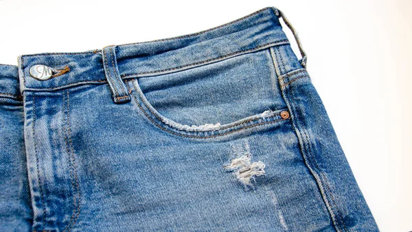 Jeans Sfondo Bianco Elementi Jeans Tasche Cuciture Primo Piano Jeans — Foto Stock