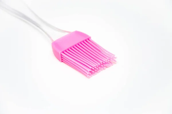 Cepillo Silicona Para Lubricación Sobre Fondo Blanco Cepillo Rosa Con — Foto de Stock