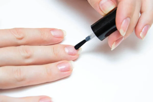 Manicure Home Quarantine Home Manicure Girl Applies Transparent Varnish Cuticle — Stock Photo, Image