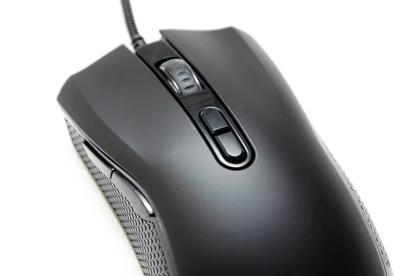 Black gaming mouse with side extra keys and a matte finish on white background. Mouse view from the back under the brush. The mouse in macro, the keys and the wheel are viewed from a person at an angle