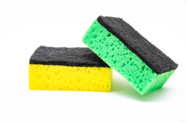 Svamp För Disk Vit Bakgrund Tvättlapp Grön Och Gul Färg — Stockfoto