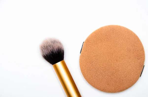 Large Fluffy Makeup Brush Gold Handle Black Edge Sponge Powder — Stock Photo, Image