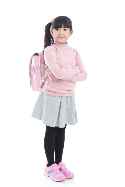 Gadis sekolah Asia dengan tas sekolah merah muda dengan latar belakang putih — Stok Foto