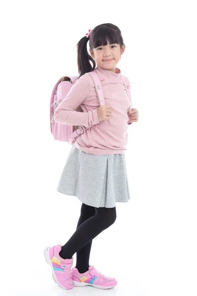 Asian schoolgirl with pink school bag on white background — Stock Photo, Image