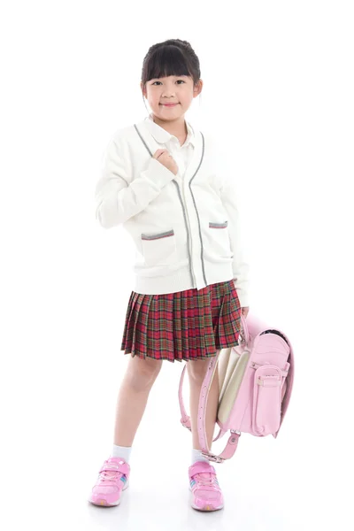 Anak Asia berseragam sekolah dengan tas sekolah merah muda — Stok Foto