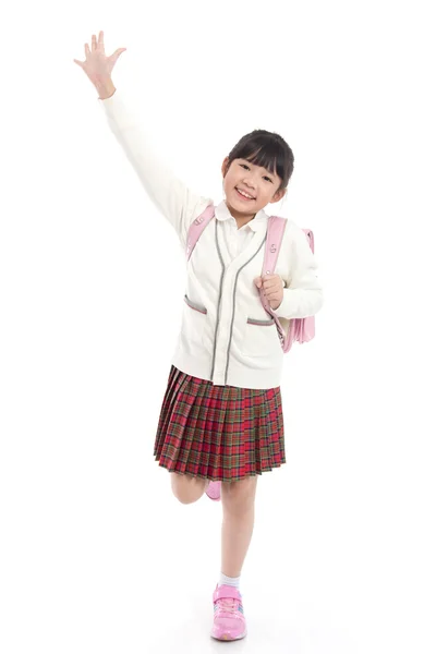 Niño asiático en uniforme escolar con bolso escolar rosa —  Fotos de Stock