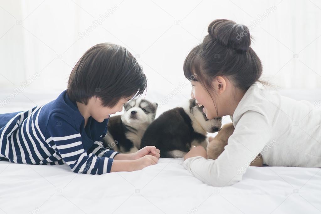 Asian children playing with puppies 