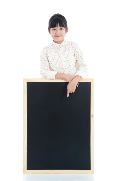 Asian girl with black board on white background — Stock Photo, Image