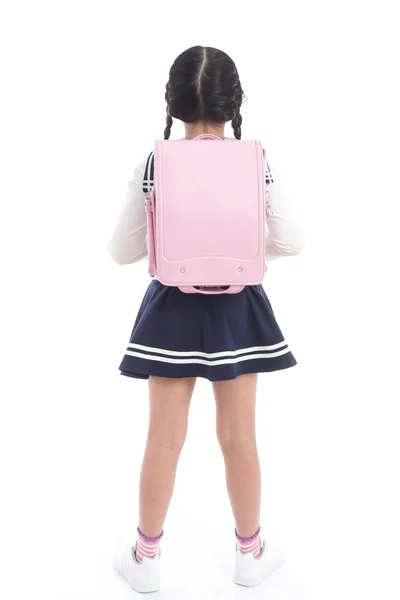 Ásia criança no escola uniforme com rosa escola saco o — Fotografia de Stock