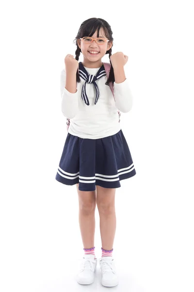 Asian child in school uniform with pink school bag — Stock Photo, Image