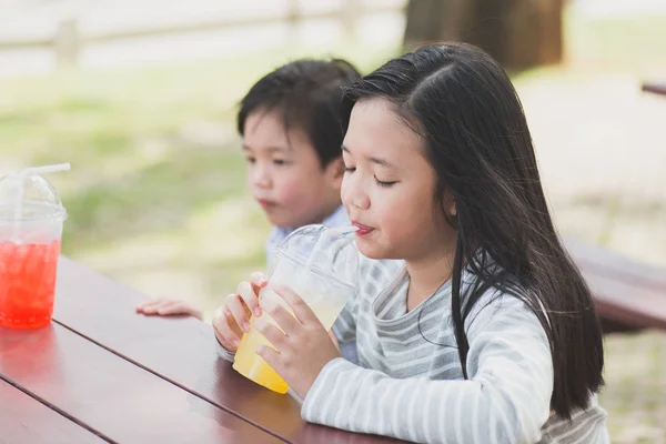 Roztomilé asijské děti pít čerstvé šťávy — Stock fotografie
