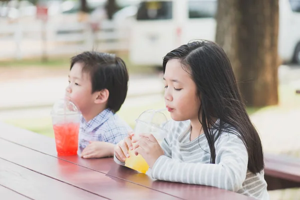 Cute asian children drinking fresh  juice — Stock Photo, Image