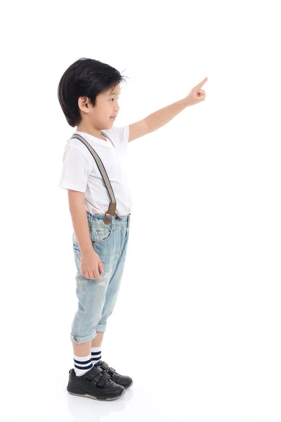 Aziatische kind in wit t-shirt en jeans wijzen — Stockfoto