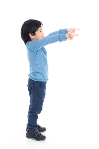Asiático niño apuntando en blanco fondo aislado — Foto de Stock