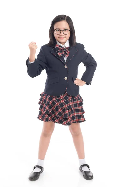 Aziatische kind in school uniform met roze schooltas — Stockfoto