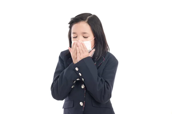 Sick girl protect flu by the mask for kid — Stock Photo, Image