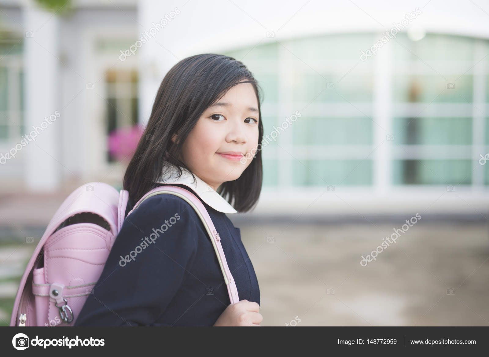 Beautiful Asian School Girl With Pink Backpack Outdoors Stock Photo Beautiful Asian School Girl With Pink Backpack Outdoors Stock Photo