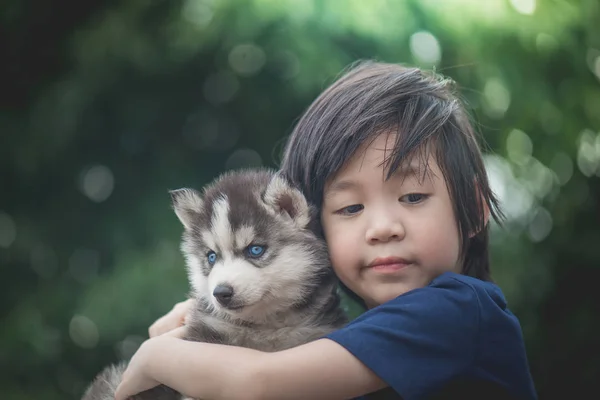 Niño abrazando siberiano husky cachorro —  Fotos de Stock