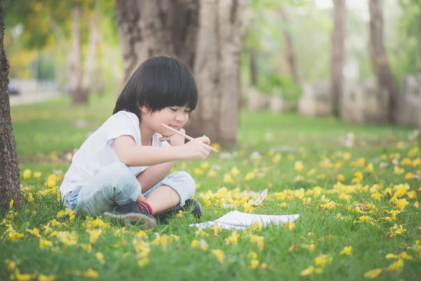 Pequeño chico asiático sentado debajo del árbol y dibujando en cuaderno —  Fotos de Stock