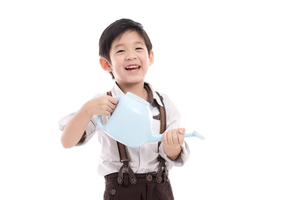 Lindo asiático niño holding azul riego — Foto de Stock