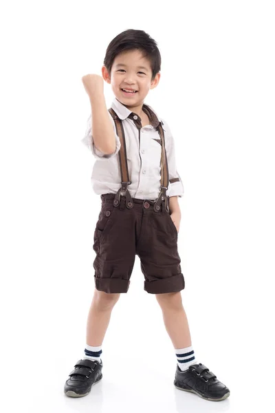 Asiática niño mostrando ganador signo en blanco fondo — Foto de Stock