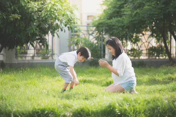 Söt Asiatiska Barn Som Leker Grönt Gräs — Stockfoto