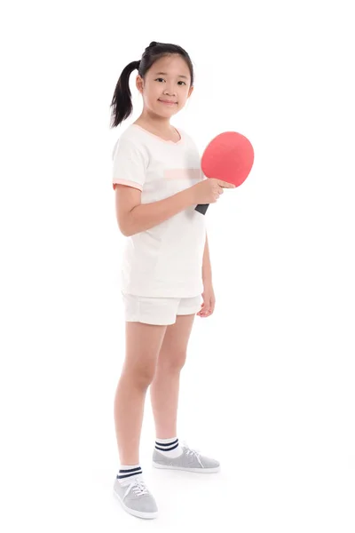 Menina Asiática Bonita Jogando Tênis Mesa Fundo Branco Isolado — Fotografia de Stock