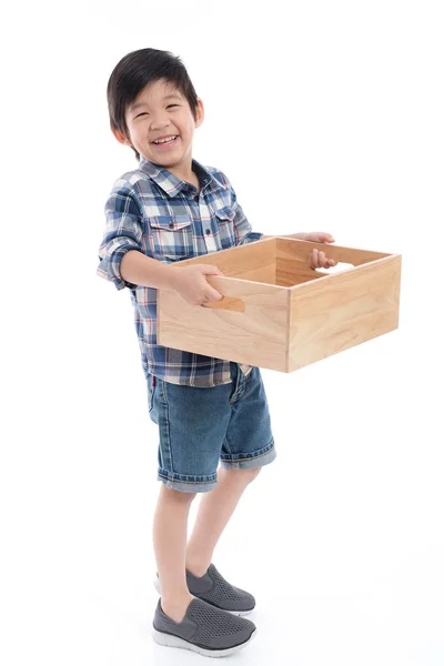 Lindo Niño Asiático Sosteniendo Caja Madera Vacía Sobre Fondo Blanco — Foto de Stock