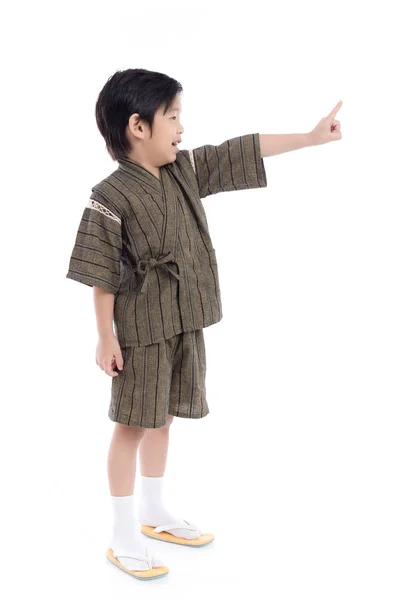 Симпатичный Азиатский Ребенок Кимоно Указывая Белом Фоне Изолированы — стоковое фото