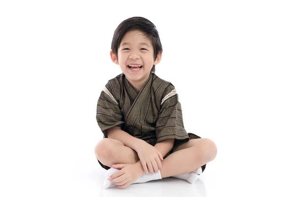 Happy Asian Boy Kimono Sitting White Background Isolated — Stock Photo, Image