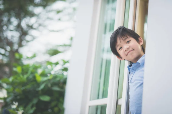 Portrait Cute Asian Child Open Window — Stock Photo, Image