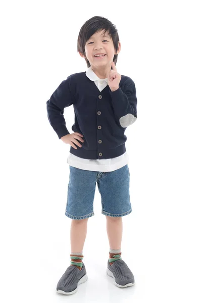 Портрет Симпатичного Азиатского Ребенка Кардигане Белом Фоне Изолированы — стоковое фото