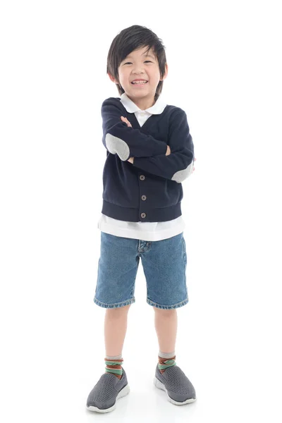 Portrét Roztomilé Asijské Dítě Cardigan Bílém Pozadí Samostatný — Stock fotografie