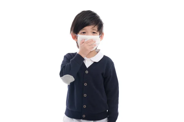 Asiatico Bambino Con Maschera Protezione Sfondo Bianco Isolato — Foto Stock