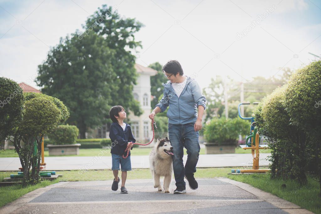 Asian father and son walking with a siberian husky don in the park