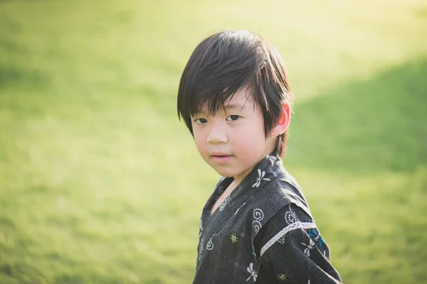 Retrato Lindo Chico Asiático Kimono Con Fondo Campo Verde — Foto de Stock