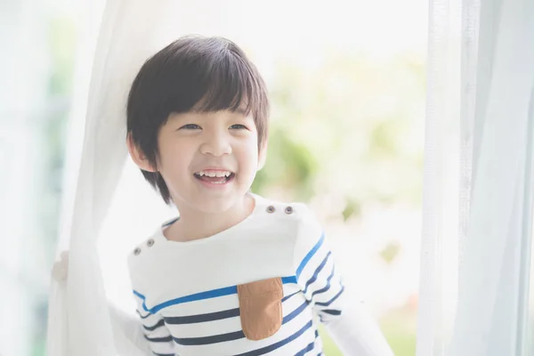 Portrait Cute Asian Child Open Window — Stock Photo, Image