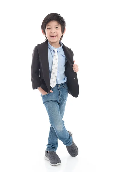 Asijské Boy Usmívající Dítě Obleku Bílém Pozadí Samostatný — Stock fotografie