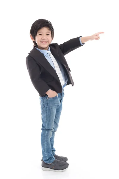 Lindo Niño Asiático Traje Negocios Dedo Índice Señalando Sobre Fondo — Foto de Stock