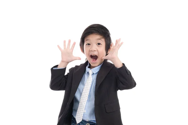 Asiático Niño Traje Negocios Sorpresa Tan Feliz Sobre Fondo Blanco — Foto de Stock