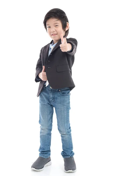 Lindo Niño Asiático Traje Negocios Dedo Índice Señalando Dirección Camino — Foto de Stock