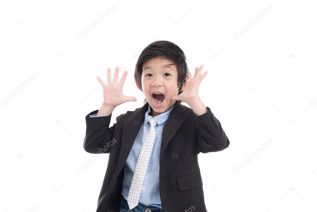 Asian child in business suit   is suprise and so happy about it on white background isolated
