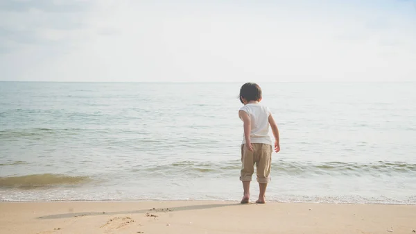 Tyłu Cute Chłopiec Azjatyckich Gry Plaży — Zdjęcie stockowe
