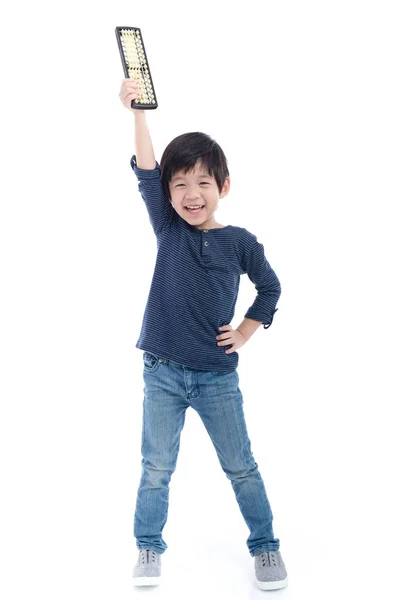 Lindo Niño Asiático Sosteniendo Soroban Abacus Sobre Fondo Blanco Aislado —  Fotos de Stock